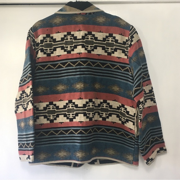 Vintage Flashback Womens Aztec Western  Blanket Oversized Jacket Tan Blue Size M - Picture 2 of 13
